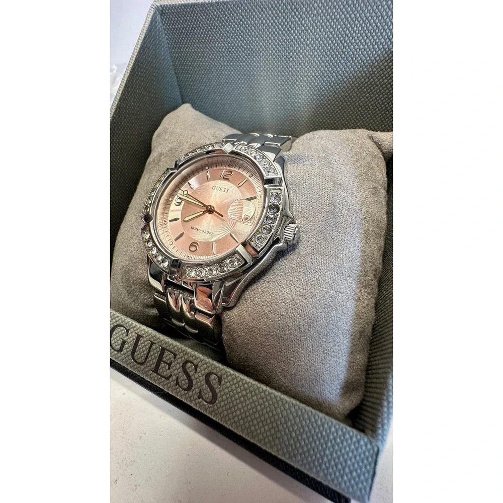 Guess Womens Watch 35mm Pink Dial Crystals Stainless G75791M New Battery